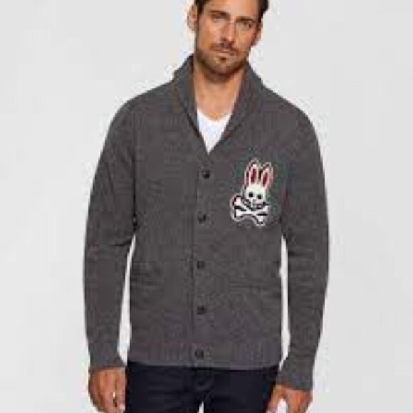 Psycho Bunny Shawl Neck Gray 100% Wool Cardigan Size M - Picture 1 of 8